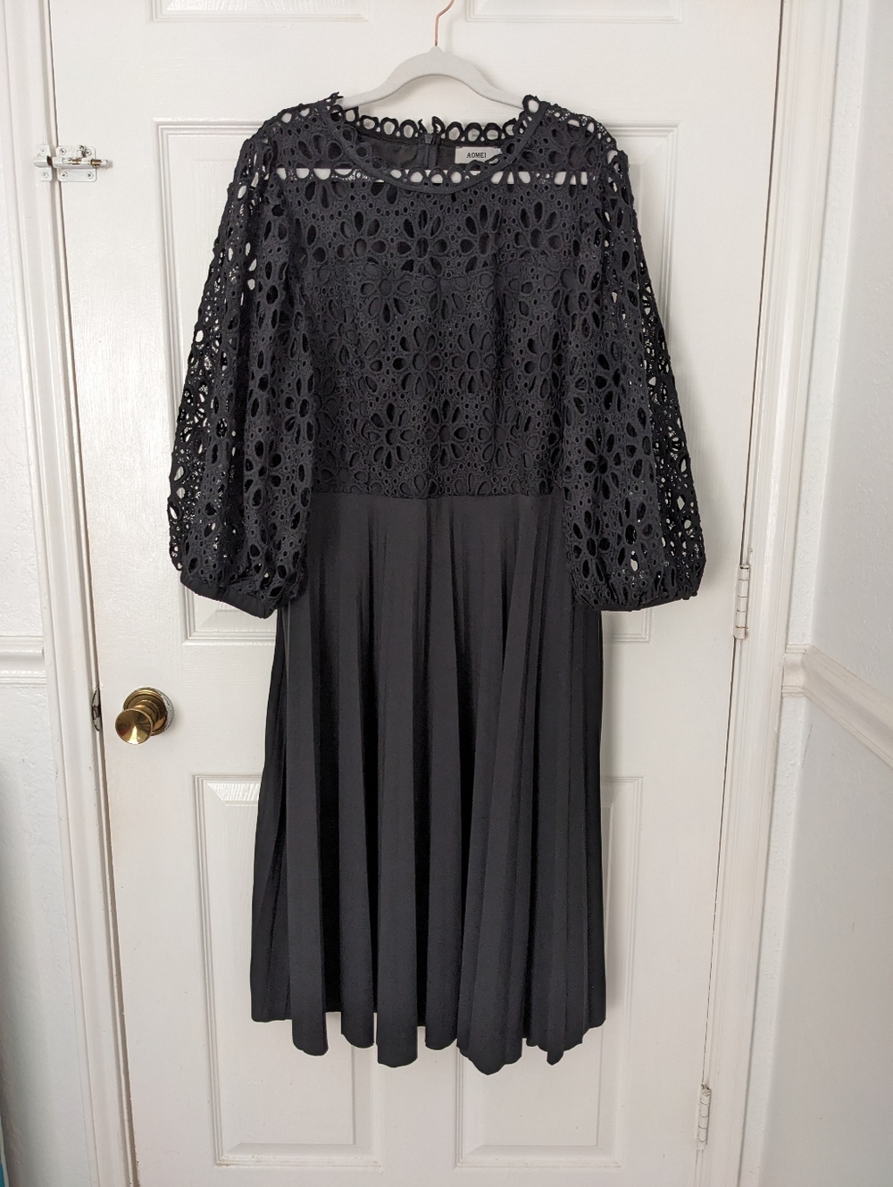 Black Midi Dress with Crochet Lace Bodice and Pleated Skirt